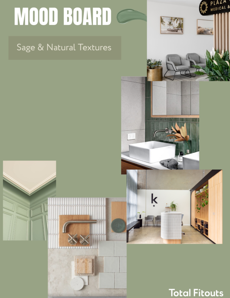 Shop fitout mood board of Sage & Natural textures for a medical fitout