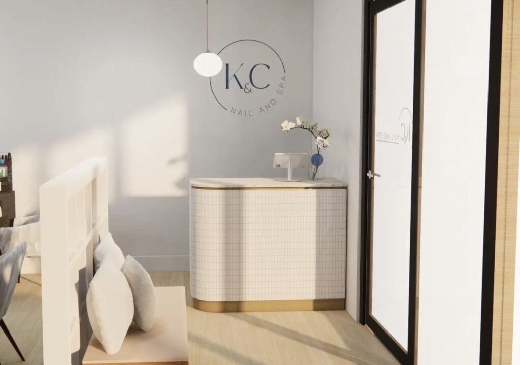 Neutral colour palette, custom tiling panelling throughout build and welcoming reception area for this wellness & beauty fit out for K & C Nails