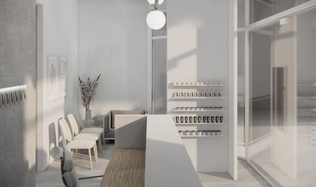 Floor to ceiling windows, neutral colour palette and welcoming reception area for this wellness & beauty fit out 