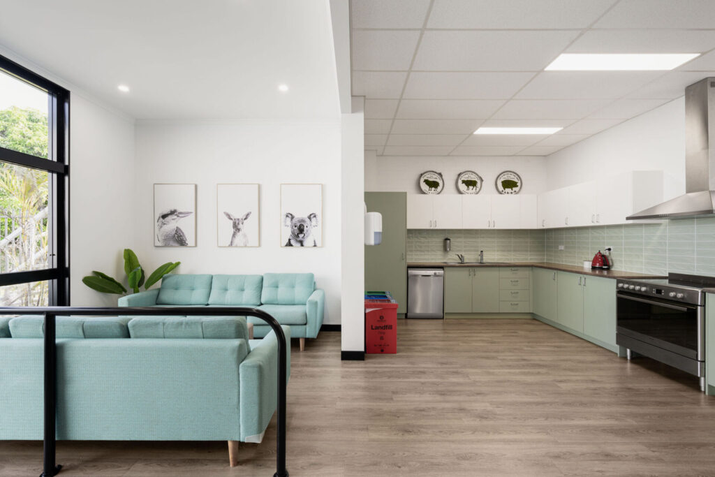 Colourful colour palette, hardwood flooring and welcoming reception area for this medical fit out for Community Lifestyle Agency